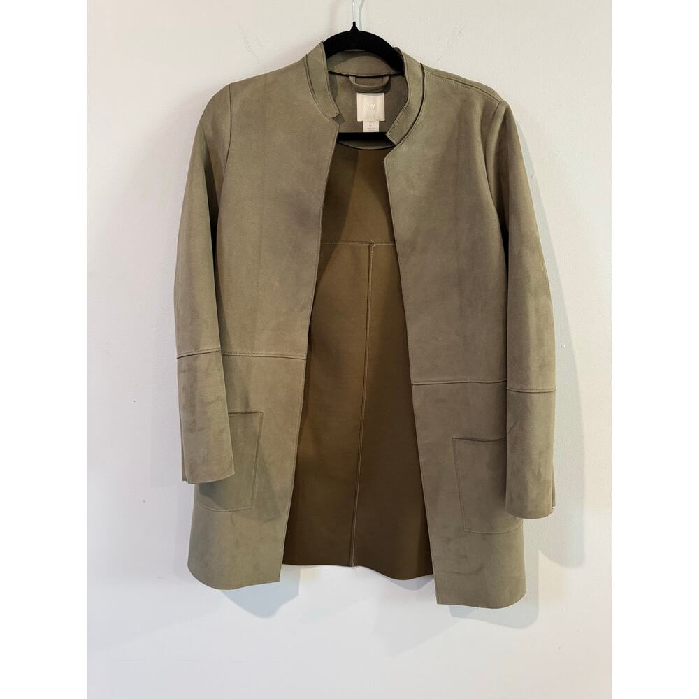 H&M Faux Suede Green Mid Length Open Jacket with Pockets Size 0